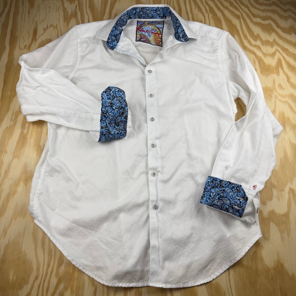 Robert Graham Mens White Jacquard Long Sleeve Button Down Shirt Paisley Trim XLT